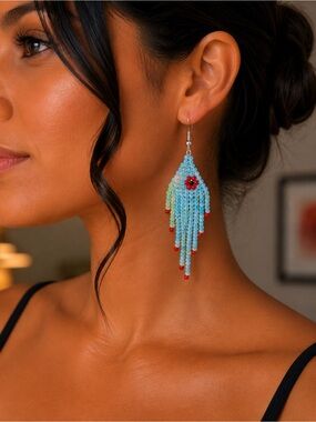Blue & Green Floral Beaded Earrings